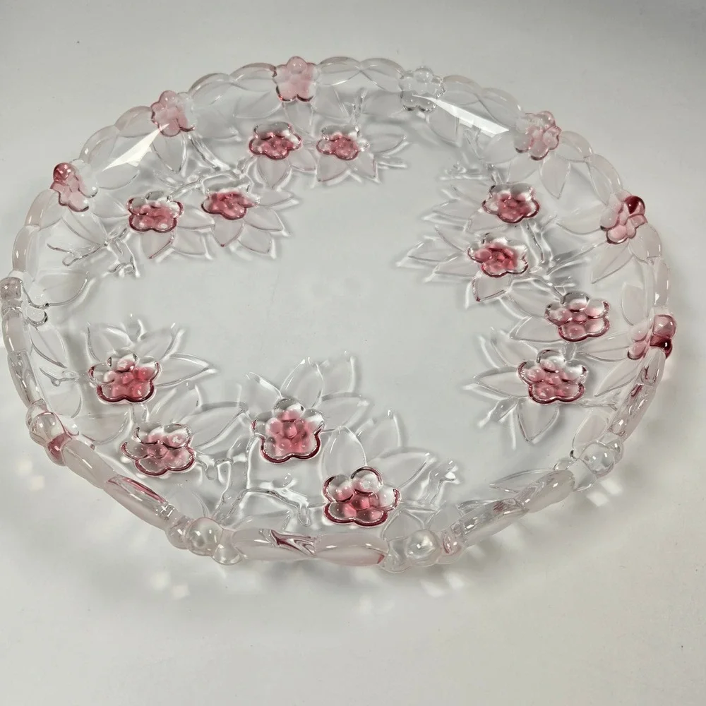 Venezia Collection Platter Fine Crystal 12.5in Pink Clear Floral Embossed Glass